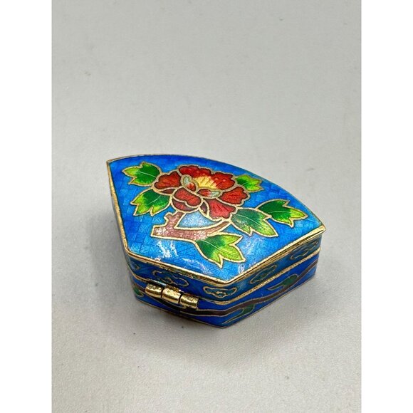 Vintage Cloisonne Trinket Box Blue enamel Flower Design Hinged Small Box - Picture 5 of 11